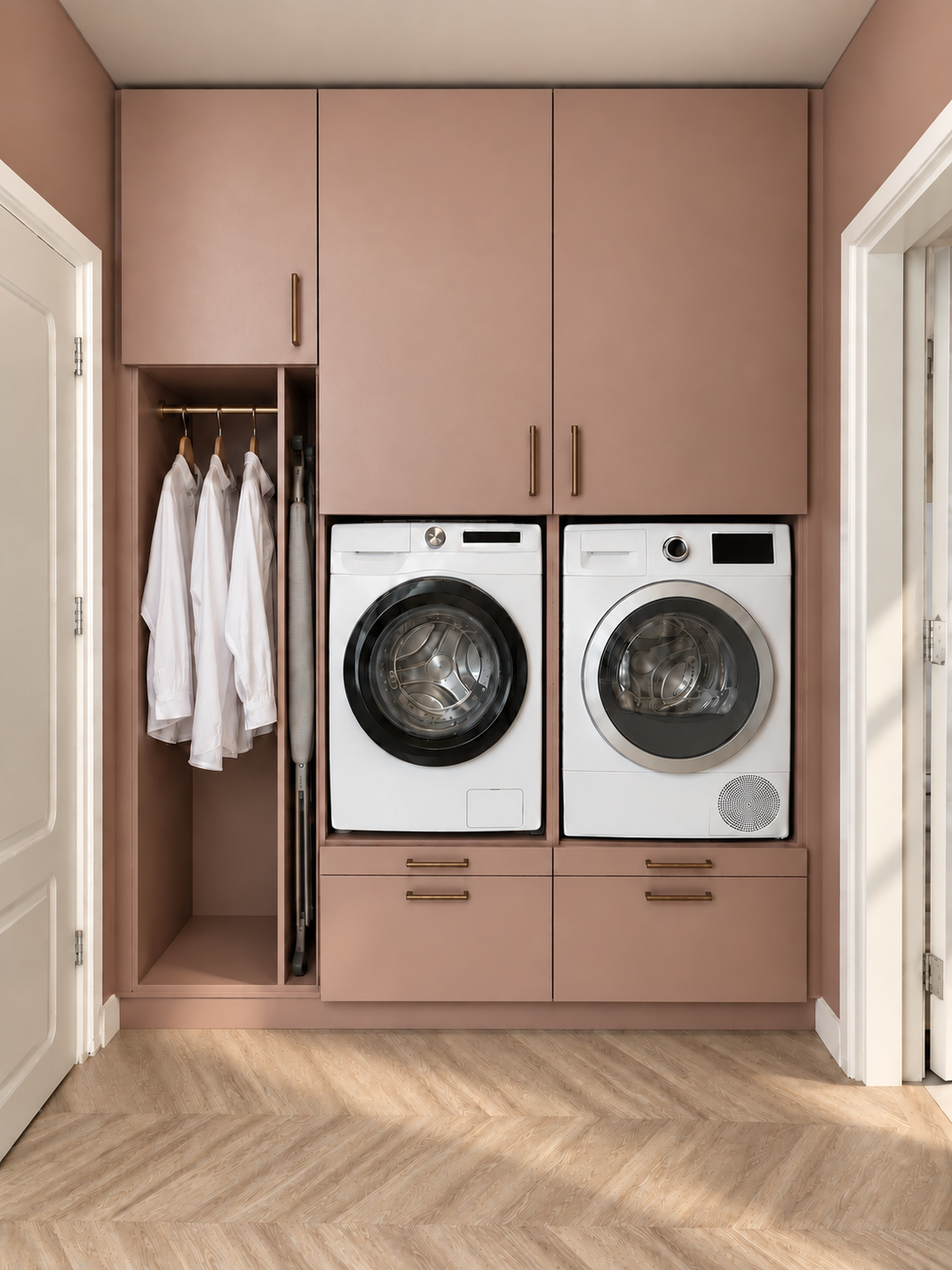 Maatwerk waskast in oudroze met geïntegreerde wasmachine, droger, droogroede en strijkplank