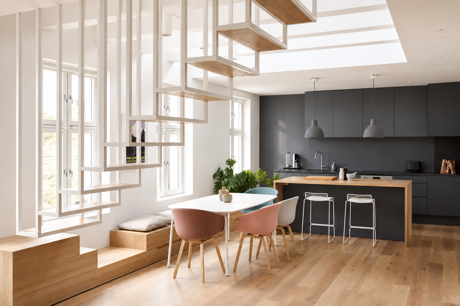 Licht maatwerkinterieur met open trap, ingebouwde zitbank en donkere keuken van Steef Interieur