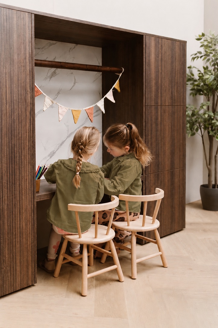 Donker houten opberghoekje met bureau, kasten en speelgoed in een warme kinderkamer